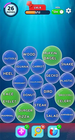 Screenshot of the first hard Bubble Word Jam Level 8